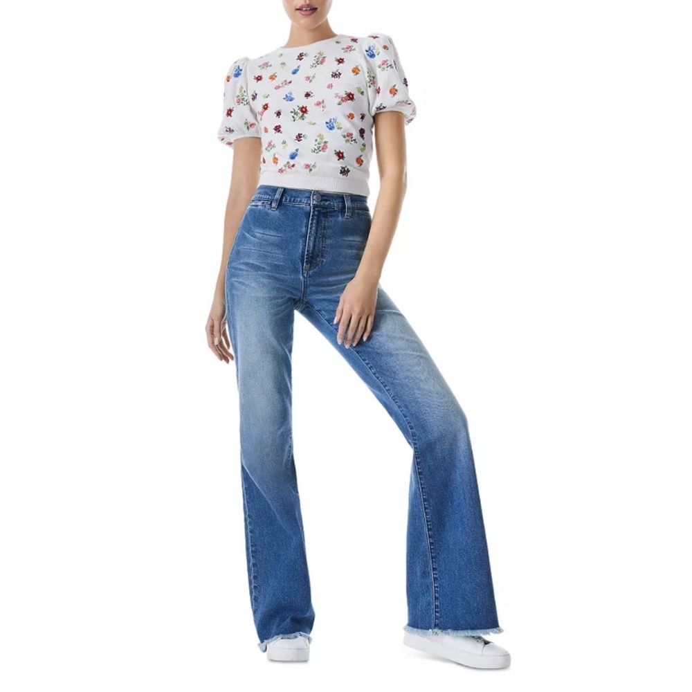 Alice+ Olivia Risa Embroidery Puff Sleeve Sweater Top Small - Picture 2 of 12